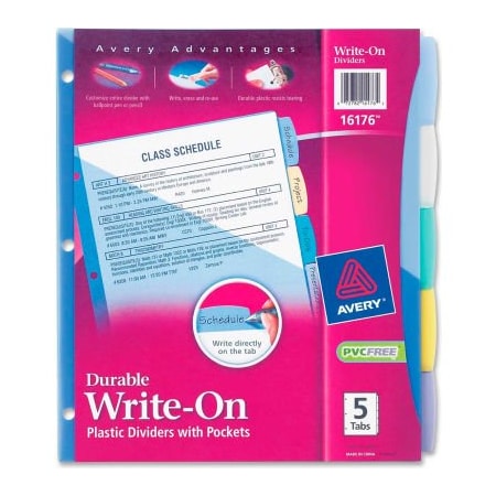 Avery Dennison Avery Pocket Divider, Write-on, 8.5"x11", 5 Tabs, Multicolor/Multicolor 16176